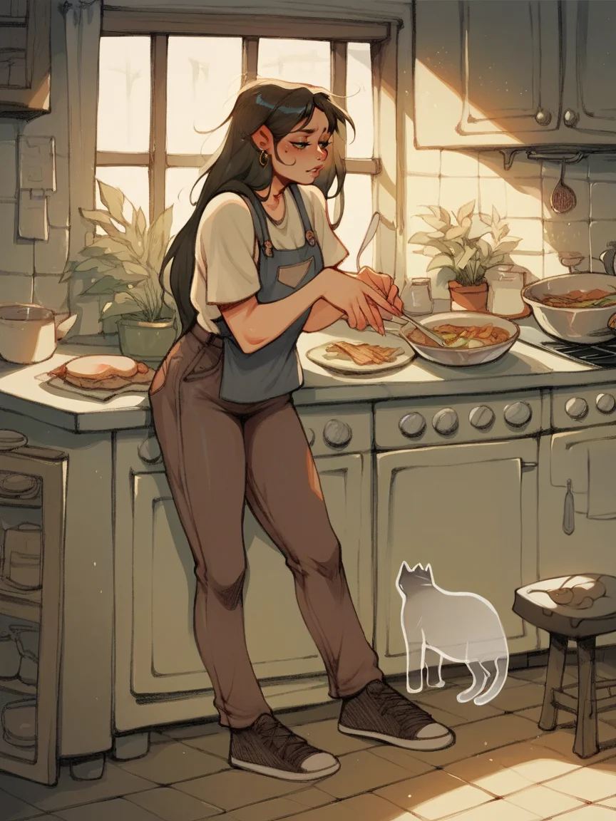 score_9, score_8_up, score_7_up, score_6_up, score_5_up, <lora:s1mzXLP:0.9> s1mz, cat, long hair, curvy, kitchen