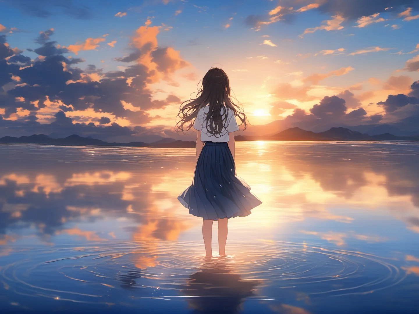 cute, masterpiece, a 20 years old girl wearing white shirt and dark blue skirt, brown long straight hair, (full body:1.5), (back view:1.5), (hands clasped behind back), hair ornaments, girl standing on water, cloud orange sunset background, water ripple