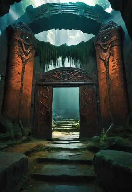 D&D scenery, a dungeon hall with a rusty iron door in a deep dark dungeon, futuristic utopic fantasy, intricate,UHD, masterpiece, high resolution surrealism , HDR photo Canon EOS