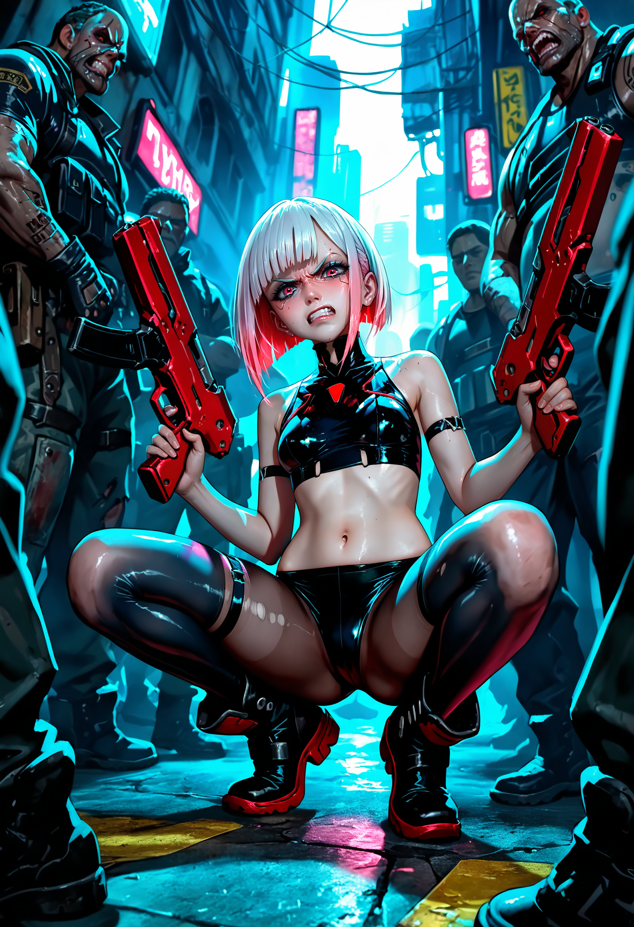 masterpiece, very aesthetic, best quality, newest, absurdres, highres, very awa,
BREAK
1girl, pantyhose, cyberpunk, small breasts, angry, latex croptop, holding gun, surrounded,, multiple boys, thugs, crowd, crouching, squat