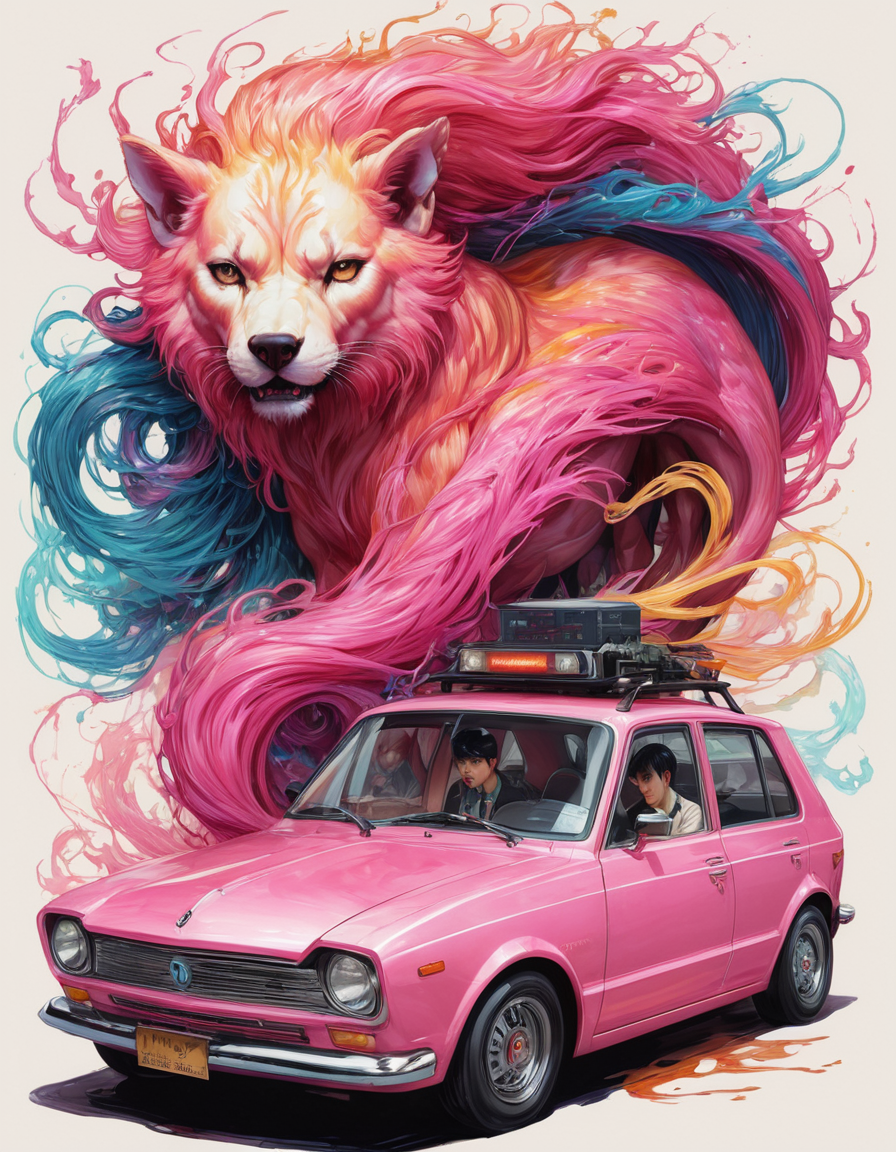 Horror-themed <lora:CivitAI__Style_Fusion_-_FFusionAI_Entry_64DIM:0.8>, CivitAI Fusion Style, Ross Tran, Junji Ito, J.C. Leyendecker, Polychromatic, Yumihiko Amano, Electric Car, Hopeless, Carne Griffiths, rpg concept art, Rainbow and electric pink details, Vector Art . Eerie, unsettling, dark, spooky, suspenseful, grim, highly detailed