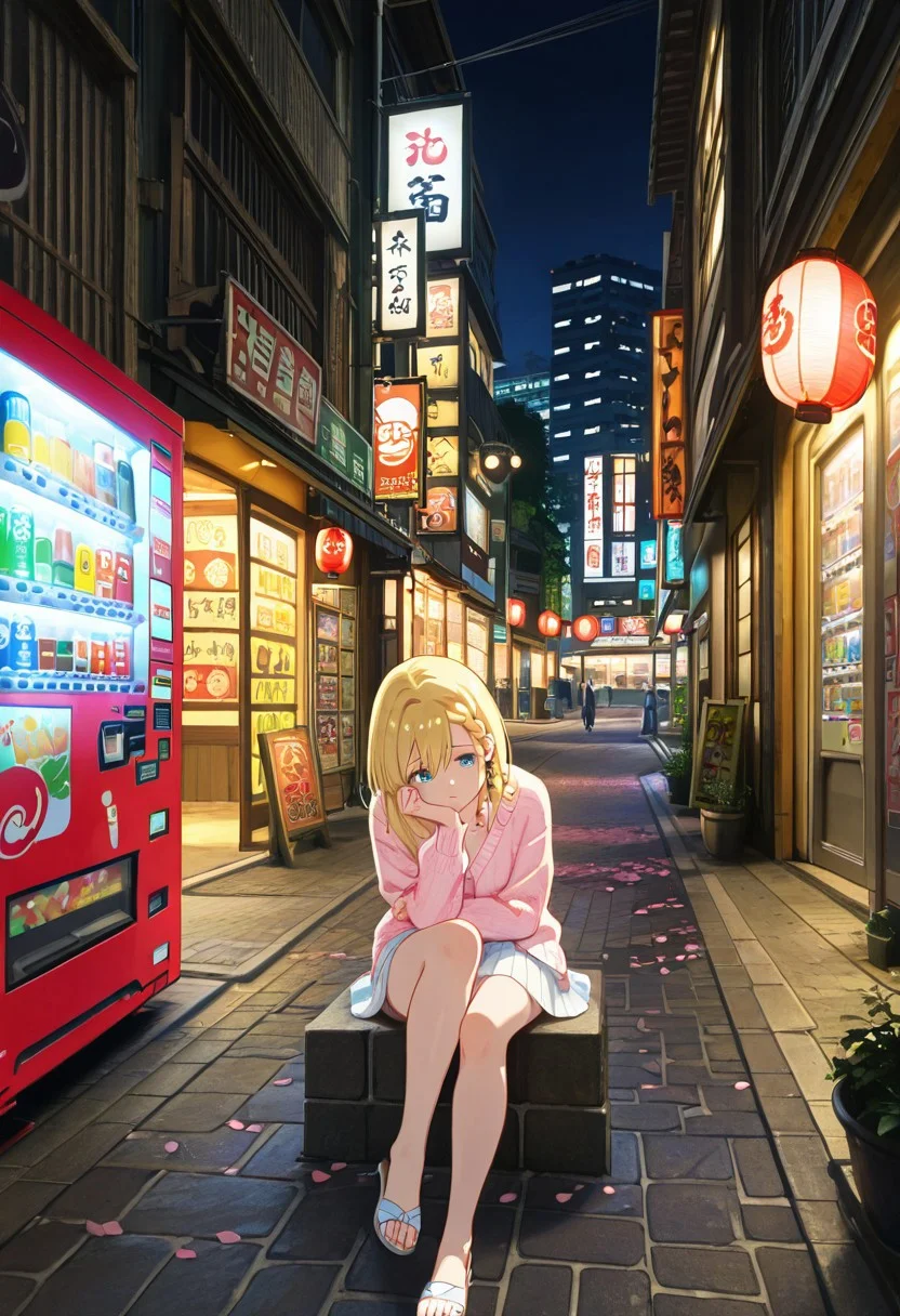 masterpiece, best quality, ultra-detailed, high-resolution, 1girl, solo, sitting on the edge of an old stone fountain on a quiet Tokyo backstreet at night, gentle neon reflections on wet cobblestones, glowing storefronts and soft streetlight halos, blonde anime girl with a loose side braid, blue eyes gazing into the distance, wearing a soft pastel cardigan and skirt, legs crossed, delicate jewelry catching light, subtle breeze in her hair, faint mist in the background, vending machines and paper lanterns nearby, fallen cherry blossom petals, painterly anime style, gentle bloom effect, cinematic soft shadows, tranquil, emotional atmosphere, full-body composition, clean linework, semi-realistic textures, Tokyo-meets-European-quiet, high detail, nighttime city glow meets soft morning serenity