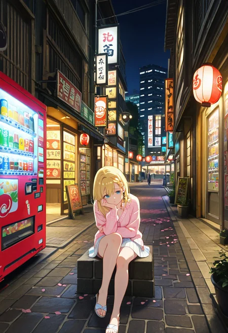 masterpiece, best quality, ultra-detailed, high-resolution, 1girl, solo, sitting on the edge of an old stone fountain on a quiet Tokyo backstreet at night, gentle neon reflections on wet cobblestones, glowing storefronts and soft streetlight halos, blonde anime girl with a loose side braid, blue eyes gazing into the distance, wearing a soft pastel cardigan and skirt, legs crossed, delicate jewelry catching light, subtle breeze in her hair, faint mist in the background, vending machines and paper lanterns nearby, fallen cherry blossom petals, painterly anime style, gentle bloom effect, cinematic soft shadows, tranquil, emotional atmosphere, full-body composition, clean linework, semi-realistic textures, Tokyo-meets-European-quiet, high detail, nighttime city glow meets soft morning serenity