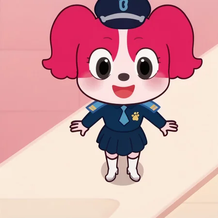 score_9, score_8_up, score_7_up BREAK PapillonS, 1girl, anthro dog, white and pink fur, pink ears, dark gray eyes, black nose, white legs, short pink tail, blue police uniform, cyan epaulettes with gold stripes, cyan tie, gold paw badge, blue police hat, blue pleated skirt, long heeled white boots, female, female focus, screenshot, official art, parody, cartoon footage, official design, screencap, cartoon screenshot, official screenshot, 2d, cartoon, source_cartoon, high-angle pov, high-angle view, solo, solo focus, happy at viewer,