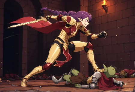 masterpiece, best quality, amazing quality, dungeon, 1girl, Esil Radiru, holding sword, (standing), gold armor, red armor, red cape, pauldrons, breastplate, gauntlets, fishnet stockings, pelvic curtain, greaves, single braid, long hair, purple hair, red eyes, facial mark, pointy ears, earrings, screaming, rage, detailed background, dungeon, combat, dynamic pose, action pose, motion lines, stepped on a lying goblin, BREAK, goblin dressed in rags\rusty armour, goblin have clear face, fights against goblin, stabbing a goblin with sword, side view