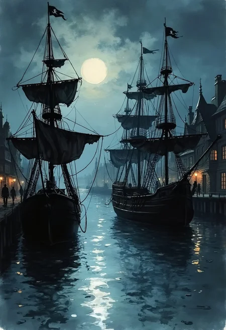 ink wash painting, pirate galleons moored in a fantasy harbour town dock, silhouetted at night, dim moonlight, chiascuro
