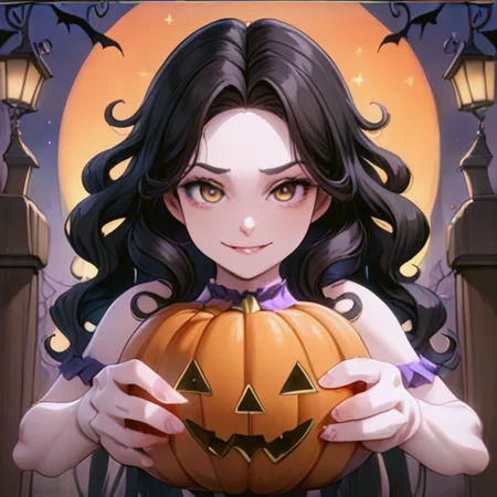 anime, best quality, (masterpiece:1.4), (high quality:1.4), sharp focus, 4k, absurd resolution, detailed hands, curly hair, long hair, black hair, pale skin, 1girl, mature female, smug, (parted hair), (round face), (no bangs), (solo), <lora:ETO_OC_XL:0.5>, looking at viewer, hazel eyes, (trick or treat,halloween), (thick eyebrows:0.5),