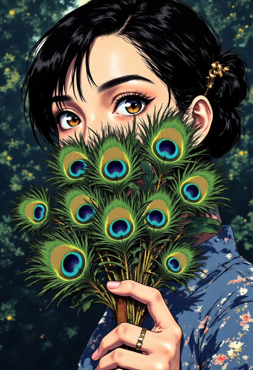 A captivating profile portrait of a beautiful East Asian woman with her face partially concealed behind an arrangement of ACTUAL peacock eye feathers. These natural peacock feathers (5-7 complete eyes) are assembled in a perfect semicircular array, with their quills/stems visibly converging at a wooden handle where they're secured. Each individual peacock eye feather maintains its true organic texture, dimensionality, and structure - the barbs, fibers, and iconic iridescent "eye" patterns clearly three-dimensional with their natural blue-green-purple shimmer. the genuine feathers themselves arranged side by side in perfect alignment. The woman holds this semicircular array of feathers with precise elegance between her fingers as one would hold playing cards - thumb positioned on one side, several fingers supporting underneath with practiced grace. Her face is captured in true perfect profile (exactly 90-degrees), with only her almond-shaped eyes deliberately glancing sideways toward the viewer. The peacock feather arrangement conceals the lower half of her face, revealing only her eyes and forehead. Her hair is styled in a traditional elegant updo with ornate gold hairpins. The lighting emphasizes the authentic iridescence of the peacock eyes against her porcelain skin, highlighting the subtle variations in color and texture that only real feathers possess. anime