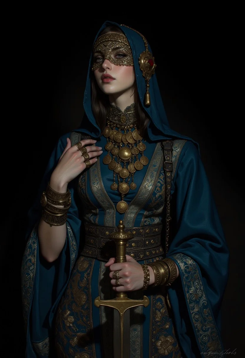 A highly detailed digital illustration in a futuristic, sci-fi style, featuring a close-up of a woman. This is a dark, moody photograph featuring a woman in traditional Middle Eastern attire. The image is shot in low light, creating a dramatic and mysterious atmosphere. The woman's face is partially obscured by a veil adorned with intricate gold metalwork, including a large, ornate pendant with multiple dangling bronze coins. Her eyes are visible, and her lips are painted in a deep plum shade. She is dressed in a long, midnight blue abaya, which drapes over her body, and underneath, she wears a traditional, embroidered dress with intricate patterns in sapphire blue and metallic copper. She has several large, bronze rings on her fingers and wears a variety of bracelets, including one that features a large, gold pendant. Her left hand holds a large, gold-plated dagger, which she is holding in a ready position. The background is dark and unlit, drawing all attention to the subject. The textures in the photograph include the smooth, reflective surfaces of the metal jewelry, the rough texture of the fabric, and the soft, velvety texture of the veil. The overall style of the photograph is artistic, with a focus on cultural and historical authenticity, capturing the essence of Middle Eastern traditional attire and adornment. vintagegirls