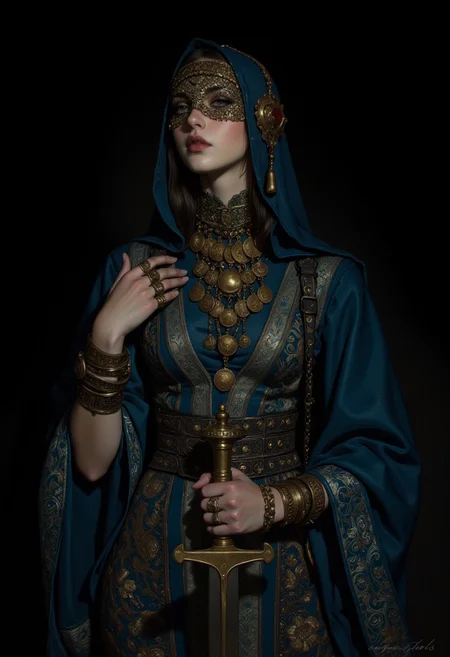 A highly detailed digital illustration in a futuristic, sci-fi style, featuring a close-up of a woman. This is a dark, moody photograph featuring a woman in traditional Middle Eastern attire. The image is shot in low light, creating a dramatic and mysterious atmosphere. The woman's face is partially obscured by a veil adorned with intricate gold metalwork, including a large, ornate pendant with multiple dangling bronze coins. Her eyes are visible, and her lips are painted in a deep plum shade. She is dressed in a long, midnight blue abaya, which drapes over her body, and underneath, she wears a traditional, embroidered dress with intricate patterns in sapphire blue and metallic copper. She has several large, bronze rings on her fingers and wears a variety of bracelets, including one that features a large, gold pendant. Her left hand holds a large, gold-plated dagger, which she is holding in a ready position. The background is dark and unlit, drawing all attention to the subject. The textures in the photograph include the smooth, reflective surfaces of the metal jewelry, the rough texture of the fabric, and the soft, velvety texture of the veil. The overall style of the photograph is artistic, with a focus on cultural and historical authenticity, capturing the essence of Middle Eastern traditional attire and adornment. vintagegirls