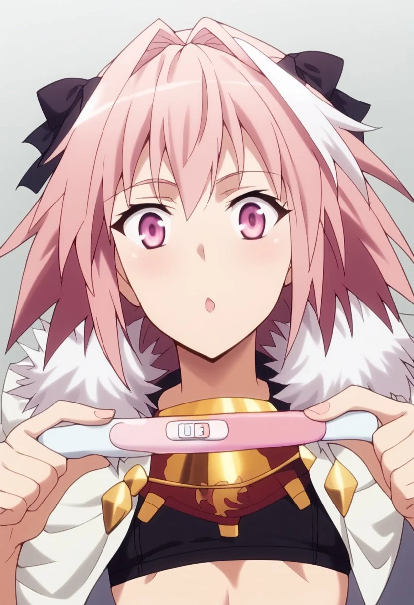 score_9, score_8_up, score_7_up, (best quality), absurdres, 1girl, solo, astolfo, long hair, pink eyes, hair ribbon, pink hair, braid, ahoge, white hair, male focus, multicolored hair, streaked hair, single braid, otoko no ko, long braid, crop-top black hoodie, black leggings, totally shocked, n4g4, <lora:pregnancy-test-ponyxl-lora-nochekaiser:1> pregnancy test, looking at viewer, implied pregnancy, holding,