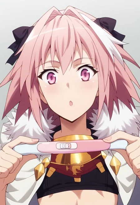 score_9, score_8_up, score_7_up, (best quality), absurdres, 1girl, solo, astolfo, long hair, pink eyes, hair ribbon, pink hair, braid, ahoge, white hair, male focus, multicolored hair, streaked hair, single braid, otoko no ko, long braid, crop-top black hoodie, black leggings, totally shocked, n4g4, <lora:pregnancy-test-ponyxl-lora-nochekaiser:1> pregnancy test, looking at viewer, implied pregnancy, holding,