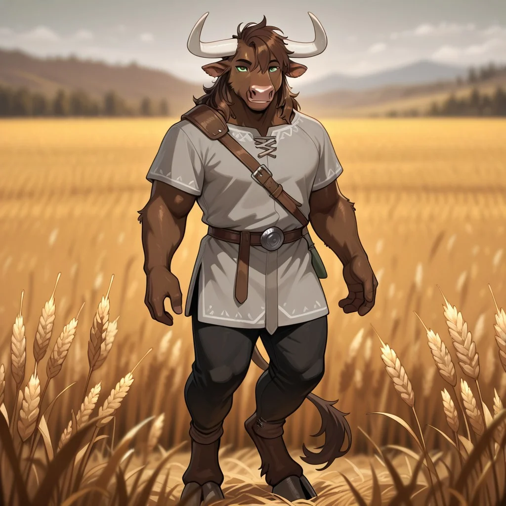 masterpiece, best quality, amazing quality, very aesthetic, solo, full body,
minotaur, furry,
1boy, male focus, green eyes, brown skin, dark brown hair, white horns, gray tunic, black pants,
(looking at viewer:1.2), smiling,
wheat field, fantasy background, blurred background,