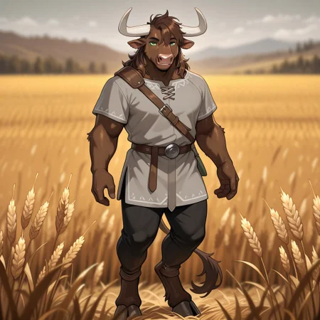 masterpiece, best quality, amazing quality, very aesthetic, solo, full body,
minotaur, furry,
1boy, male focus, green eyes, brown skin, dark brown hair, white horns, gray tunic, black pants,
(looking at viewer:1.2), smiling,
wheat field, fantasy background, blurred background,