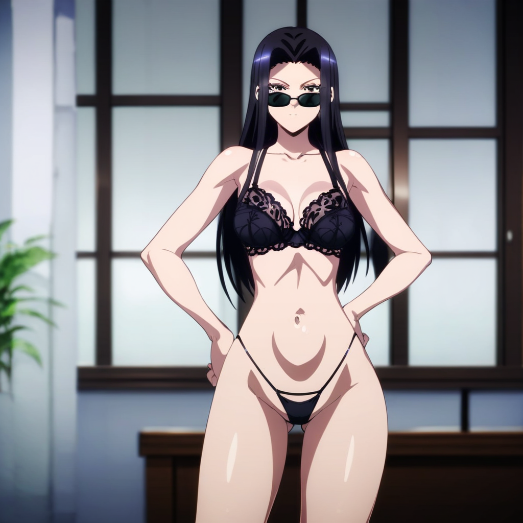1girl, solo, Ms. Smith,  tall, sexy, long black hair, rectangle sunglasses, medium breasts, flat stomach, wearing black lace bra & thong, indoors standing with hand on hip, looking at viewer