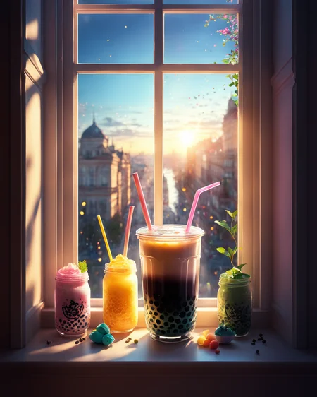 boba tea on a windowsill, beautiful, light, #cinematic, kawaii, cute, colorful, powerful, angelic  <lora:SDXLAngelic:1>