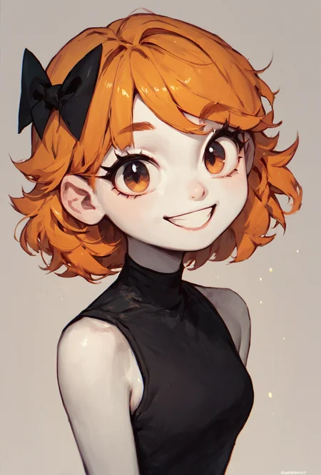 score_9, score_8_up, score_7_up, looking at viewer, smiling, <lora:derpina-09:1> derpina, 1girl, short hair, hair bow, medium hair, orange hair, black dress,, white skin,,