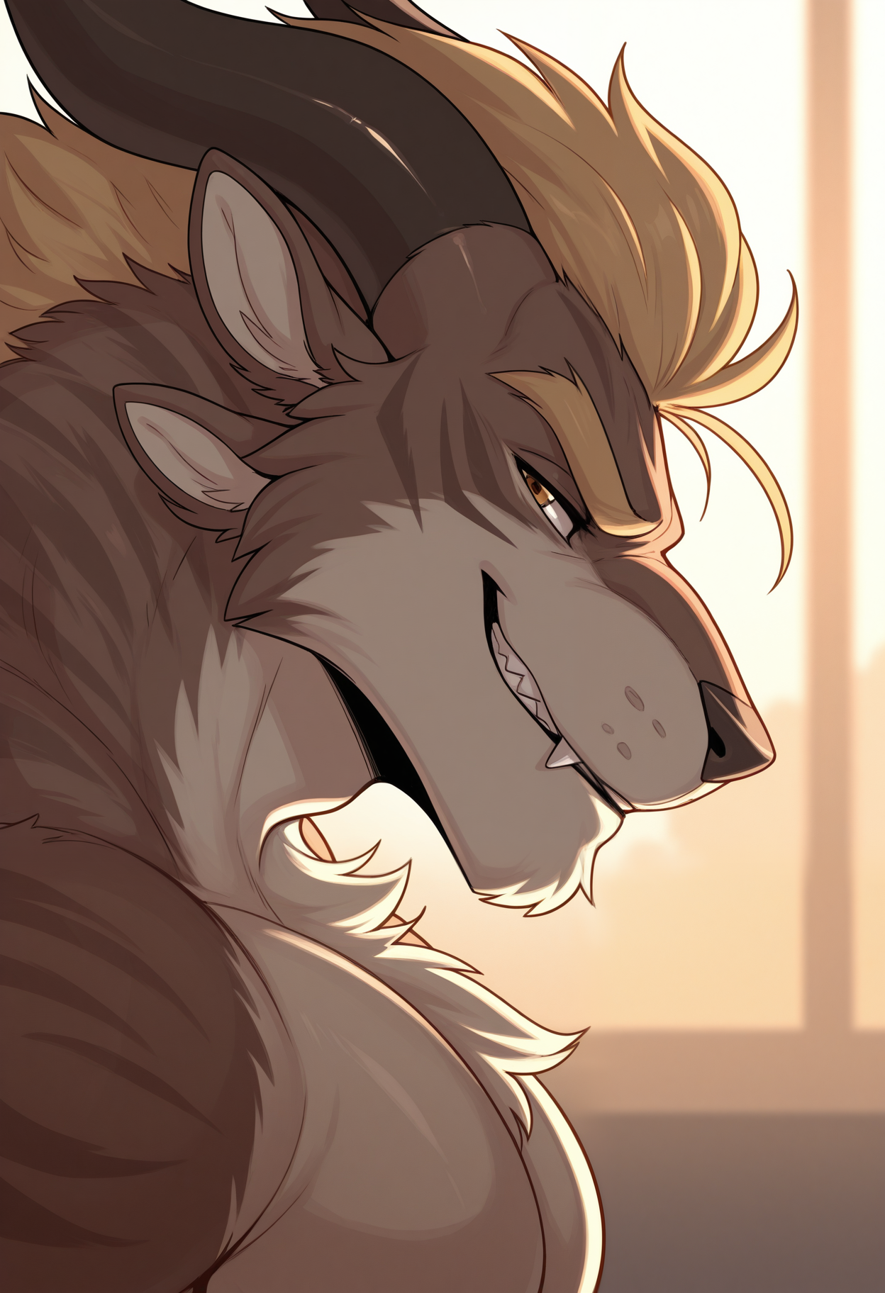 masterpiece,best quality,amazing quality, 1boy, solo, ch4rr, furry, close up, side angle, smirk,