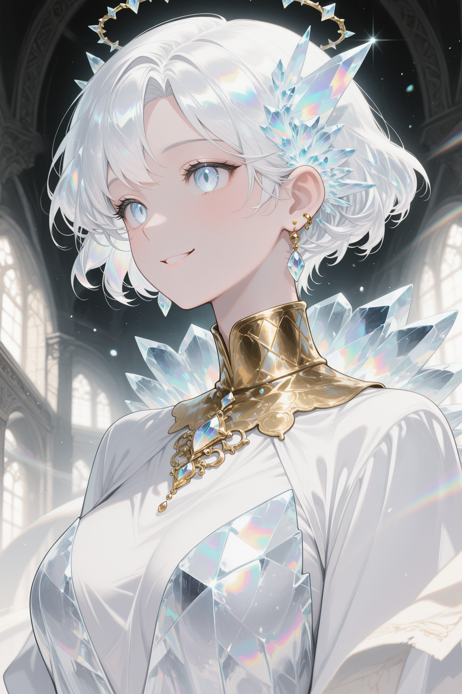 masterpiece, best quality, iridescent_crystaline, 1boy, breasts, closed mouth, earrings, gem, iridescent_crystaline, jewelry, parted lips, short hair, smile, solo, upper body, white hair  <lora:Iridescent_crystaline:1>