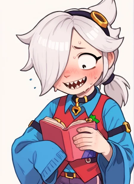 score_9, score_8_up, score_7_up <lora:bscolette:1>bscolette , 1 girl , white hair, , ponytail, collar , red vest , blue shirt , long sleeves, purple pants, hair over one eye, hairband, sleeves past fingers, <lora:PossumMachine:1>posmach nervous smile, blush, sweat, reading, , holding book, open mouth, sharp teeth,