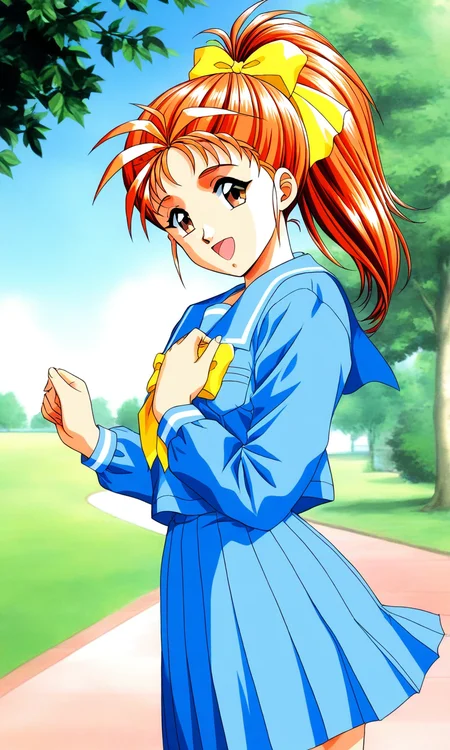 general,highres, ultra-detailed,very aesthetic,best quality ,best hands, BREAK <lora:Saotome_Yumi_Tokimeki_Memorial_IS:1>
Saotome_Yumi(Tokimeki_Memorial), 1girl, solo, brown eyes, orange hair, hair bow, high ponytail, long hair, small breasts,
open mouth, happy,
school uniform, blue serafuku, blue skirt, Yellow bow, hand on own chest, sailor collar, blue sailor collar, smile, long sleeves, pleated skirt, outdoor, tree, sky,