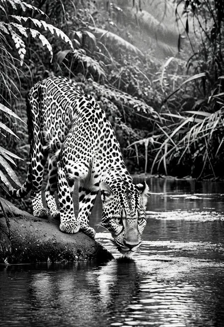 a (black and white:1.5) photo of a leopard, in the jungle, drinking at the at the edge of a river, at dusk, dense jungle forest, dramatic lights, shallow depth of field, blurred background, extreme details, intricate details, 8k, 35mm photo, photorealism, realistic photo, national geographic style, masterpiece, film photography style