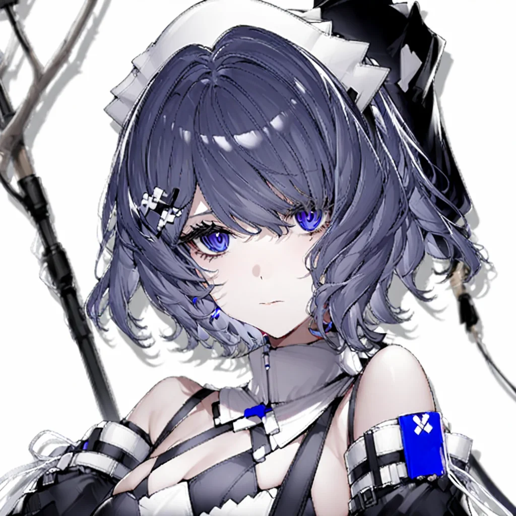 1girl, bare shoulders, blurry, blurry background, blurry foreground, closed mouth, depth of field, hair ornament, looking at viewer, maid headdress, short hair, simple background, solo, upper body, white background , <lora:Chuzenji-v1:1>