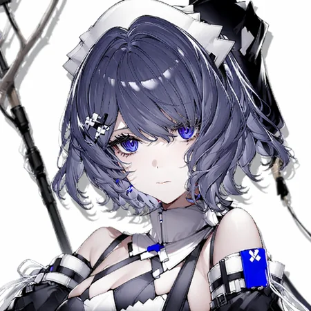 1girl, bare shoulders, blurry, blurry background, blurry foreground, closed mouth, depth of field, hair ornament, looking at viewer, maid headdress, short hair, simple background, solo, upper body, white background , <lora:Chuzenji-v1:1>