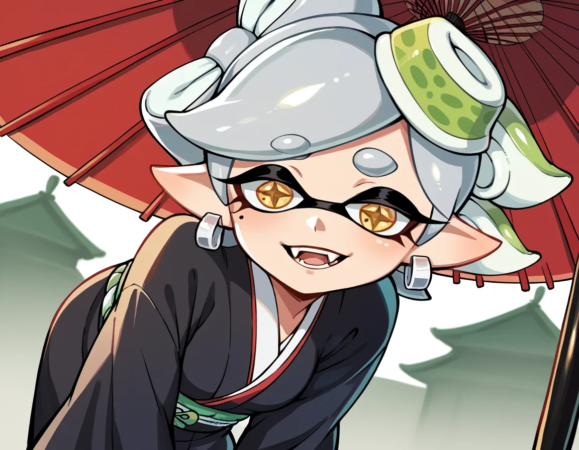 score_9, score_8_up, score_7_up, source_anime,
splatoonmarie, <lora:splatoon-marie-ponyxl-lora-nochekaiser:1>,
marie, fangs, grey hair, mole, mole under eye, pointy ears, short hair, yellow eyes, domino mask, mask, tentacle hair,
earrings, hair ornament, japanese clothes, jewelry, kimono, long sleeves, mole, mole under eye, umbrella, wide sleeves,
outdoors, shrine, bent over, smile,
solo, dutch angle, looking at viewer, cowboy shot,