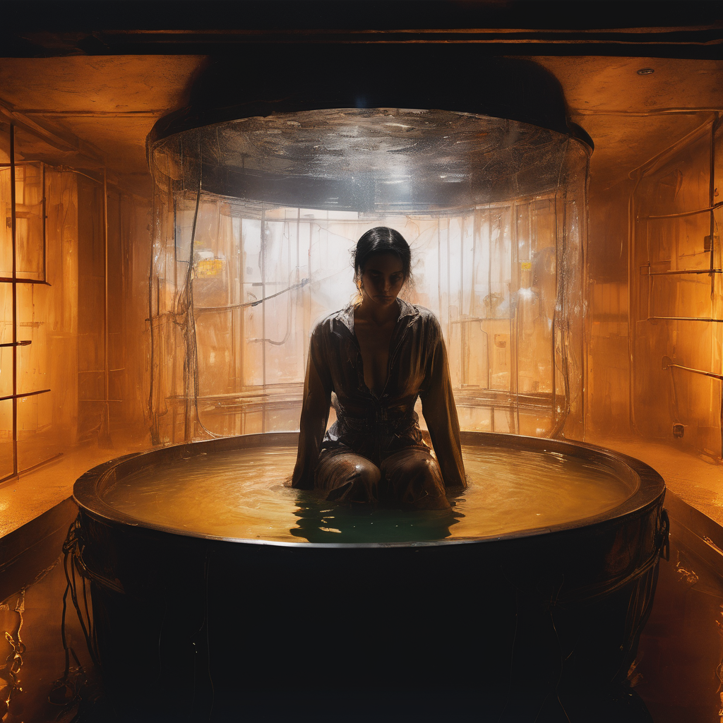 Dystopian future laboratory, a (woman submerged in a large sensory deprivation tank:1.3) filled with glowing liquid, neon-lit fluid softly illuminating her figure, weathered tank with glass window, surrounding machinery with metallic orange and yellow paint, detailed face, dark industrial setting with cables, wires, gritty dystopian atmosphere with an eerie calmness, cyberpunk themes, soft painterly textures, high contrast, and a surreal, dreamlike mood