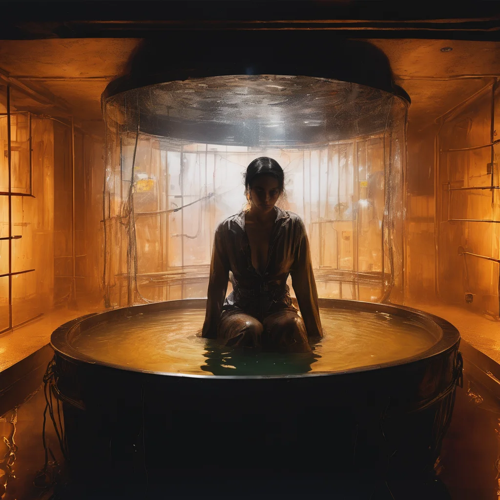 Dystopian future laboratory, a (woman submerged in a large sensory deprivation tank:1.3) filled with glowing liquid, neon-lit fluid softly illuminating her figure, weathered tank with glass window, surrounding machinery with metallic orange and yellow paint, detailed face, dark industrial setting with cables, wires, gritty dystopian atmosphere with an eerie calmness, cyberpunk themes, soft painterly textures, high contrast, and a surreal, dreamlike mood