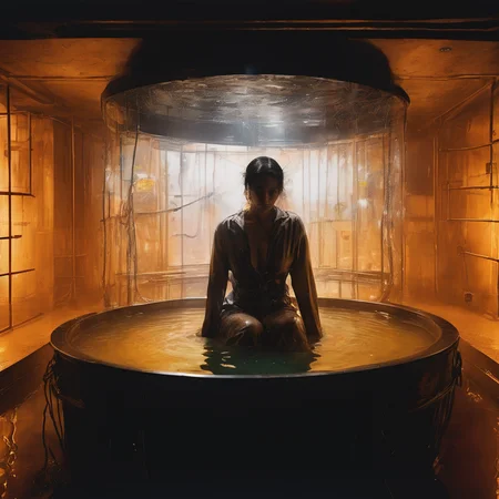 Dystopian future laboratory, a (woman submerged in a large sensory deprivation tank:1.3) filled with glowing liquid, neon-lit fluid softly illuminating her figure, weathered tank with glass window, surrounding machinery with metallic orange and yellow paint, detailed face, dark industrial setting with cables, wires, gritty dystopian atmosphere with an eerie calmness, cyberpunk themes, soft painterly textures, high contrast, and a surreal, dreamlike mood