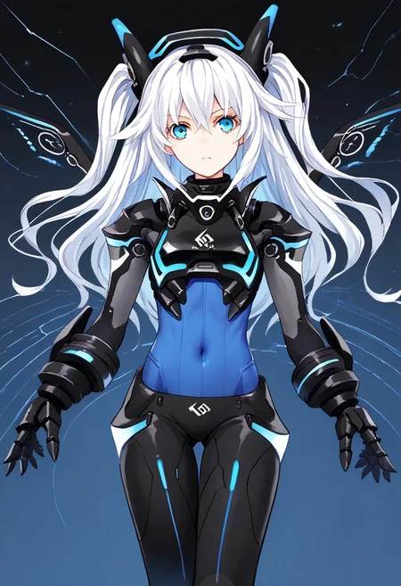 score_9, score_8_up, score_7_up, score_6_up, score_5_up, score_4_up, source_anime, solo, 1girl,
NoirCPU, CPU01, black heart, long hair, white hair, blue eyes,
BLH_Next, two side up, blue bodysuit, black bodysuit, shoulder armor, black headgear, covered navel, mechanical wings, turtleneck, armored legwear, mechanical gauntlets, neon trim,
masterpiece, best quality, very aesthetic, absurdres,