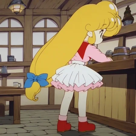 score_9, solo, marybell, long hair, blonde hair, low-tied long hair, skirt, bow, indoors, tavern