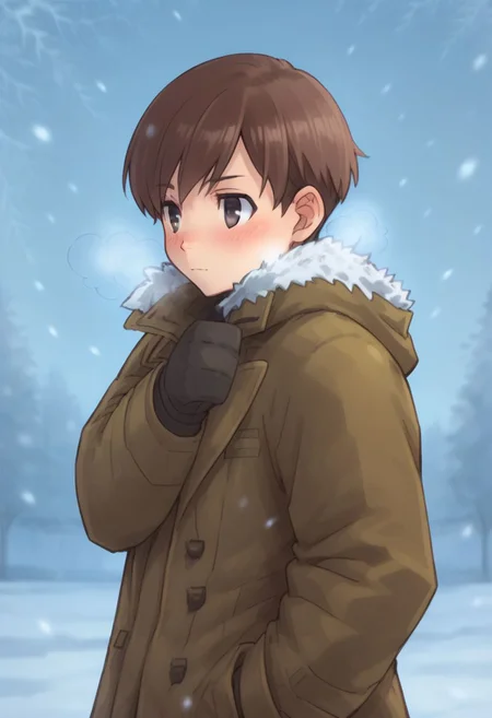 score_9, score_8_up, score_7_up, source_anime, highly detailed,
meyer, solo, brown hair, coat, breath, male focus, hand in pocket, black eyes, snowflakes, short hair, gloves, 1boy, snowing, fur trim, blush, upper body, closed mouth, long sleeves, winter clothes, anime coloring,