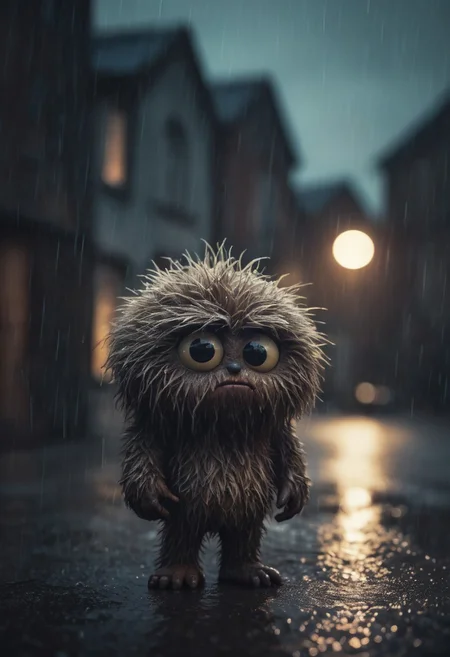 Small furry monster, fur ball, fluffy, shot at night, cute monster, expressive eyes, sad and curious appearance, heartbreaking, very cute, heavy rain, very sad, lonely, lost place, desaturated, dramatic lighting, desaturated background, bokeh, dark theme, soothing tones, depth of field, dramatic backlighting, film grain,