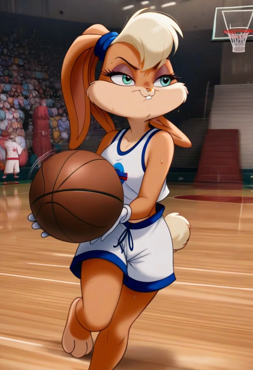 source_furry, source_cartoon, score_9, score_8_up, score_7_up, score_6_up, score_5_up, score_4_up, rating_safe,1girl, solo, Lola Bunny, furry female, rabbit, rabbit ears, scrunchie, white gloves, blue eyes, eyelashes, blonde hair, tank top, midriff, white shorts, serious, furrowed brow, action, motion lines, running, leaping, basketball court, holding basketball, sweat, safe, high definition, masterpiece, best quality, digital art, furry \(style\), toon \(style\), lola, Expressiveh