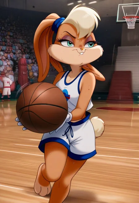 source_furry, source_cartoon, score_9, score_8_up, score_7_up, score_6_up, score_5_up, score_4_up, rating_safe,1girl, solo, Lola Bunny, furry female, rabbit, rabbit ears, scrunchie, white gloves, blue eyes, eyelashes, blonde hair, tank top, midriff, white shorts, serious, furrowed brow, action, motion lines, running, leaping, basketball court, holding basketball, sweat, safe, high definition, masterpiece, best quality, digital art, furry \(style\), toon \(style\), lola, Expressiveh