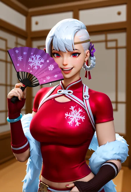 IllustriousQual <lora:StS-Illustrious-Detail-Slider-v1.0:2> <lora:cfg_scale_boost:0.3> <lora:Frosted_Flurry_IL_-_V1:0.8> FrostedFlurryIL, female, white hair, blue eyes, holiday outfit, snowflake-themed, buzz cut, short hair, fingerless glove,detailed_background,indoors,breasts,chinese clothes,dual wielding,happy halloween,flower,kyoujixxx,purple flower,bracelet,red nails,braid,holding fan,braided hair rings,large breasts,braided bun,blurry background,orange eyes,hand fan,fur shawl,official alternate costume,jewelry,1girl,hair bun,cherry blossom print,circlet