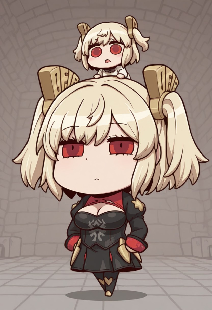 april fools, chibi, masterpiece, best quality, full body, 
brncwht, red eyes, blonde hair, medium hair, two side up, hair ornament, large breasts