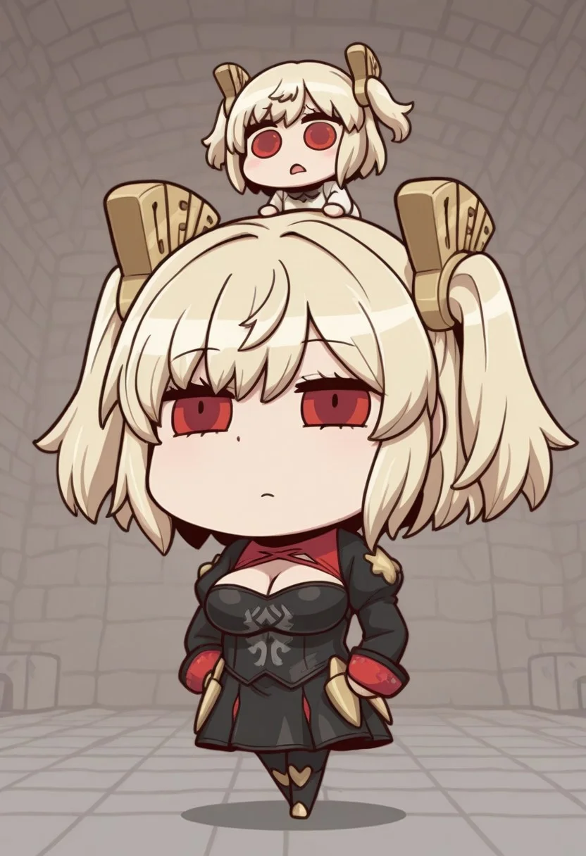 april fools, chibi, masterpiece, best quality, full body, 
brncwht, red eyes, blonde hair, medium hair, two side up, hair ornament, large breasts