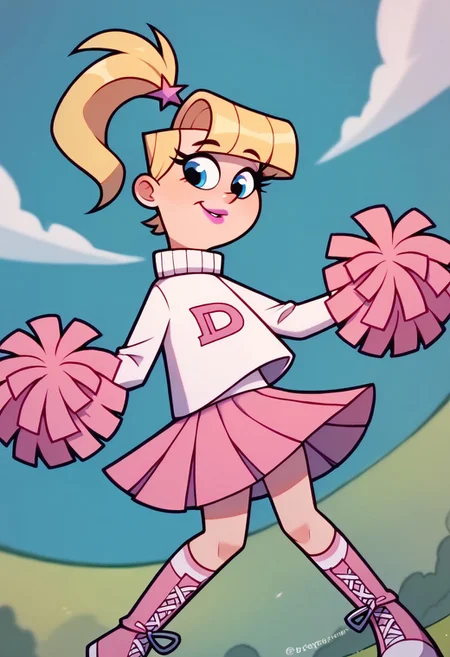 score_9, score_8_up, score_7_up BREAK VeroFOP, 1girl, blonde hair, blue eyes, ponytail, pink lipstick, long-sleeve white turtleneck sweater with D-logo, pleated pink skirt, pink white boots, cheerleading, solo, solo focus,