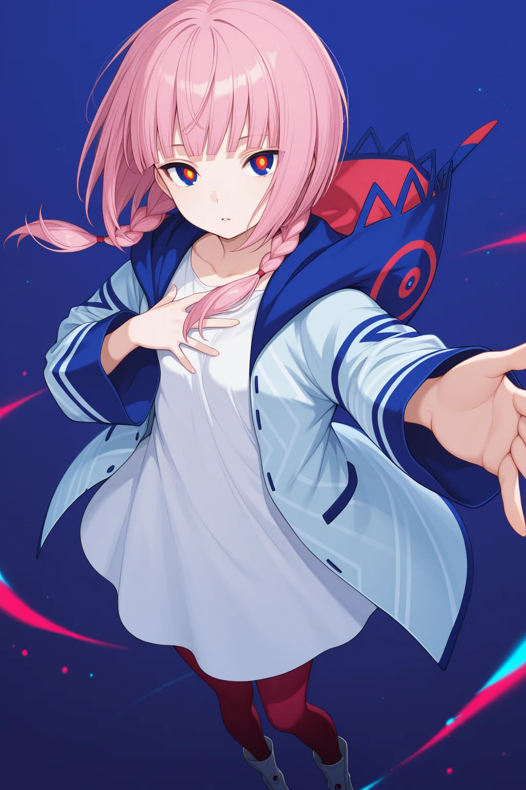 masterpiece, best quality, amazing quality, 

kaf \(kamitsubaki studio\), multicolored eyes, blue eyes, red eyes, yellow eyes, pink hair, long hair, blunt bangs, sidelocks, low twin braids, small breasts, white shirt, oversized shirt, blue jacket, hooded jacket, hood down, long sleeves, red pantyhose, white footwear, boots, 

1girl, looking at viewer, parted lips, feet out of frame, floating hair, blue background, expressionless, outstretched arm, hand on own chest, multicolored background