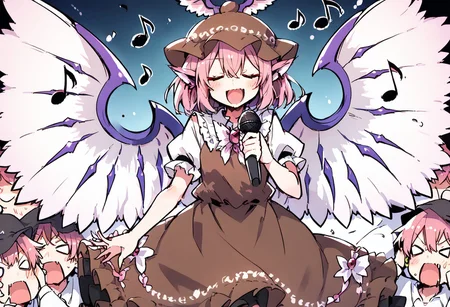score_9, score_8_up, score_7_up, masterpiece, best quality, detailed, perfect, perfection, vibrant, gorgeous, 
BREAK
mystia, wings, brown headwear, short hair, hat, animal ears, puffy sleeves, dress, pink hair, brown dress, cowboy shot, frills, pink eyes, juliet sleeves, jewelry, shirt, winged hat, bangs, hair between eyes, white wings, white shirt, bird wings, feathered wings, earring, frolled dress, frilled sleeves, 
BREAK
bad singing,crowd,happy,grimace,(hands on own ears:1.2),music,noisy musical note, multiple boys,screaming,closed eyes,blank eyes,holding microphone,