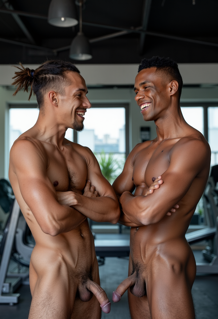 A nude Black French-Caribbean man with dreadlocks tied back into a low ponytail and a chiseled jawline stands next to another nude black man, both posing confidently in a high-end gym, with there long penis exposed. The left man's arms are crossed, with a small towel over one shoulder. The background shows gym machines, large mirrors, and cool industrial lighting. Both men are mid-laugh. <lora:AndroCore-1.4:1>