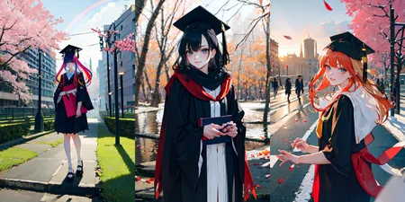 highly insanely detailed, masterpiece, top quality, best quality, highres, 4k, 8k, RAW photo, (very aesthetic, beautiful and aesthetic),
__lazy-wildcards/subject/costume/graduation_robe/prompts__,
<lora:gradgown:1>,
(1girl:1.3), solo focus,
(__lazy-wildcards/char/haircolor__),
__lazy-wildcards/dataset/background__,
__lazy-wildcards/subject/moment/random/prompts__âââ