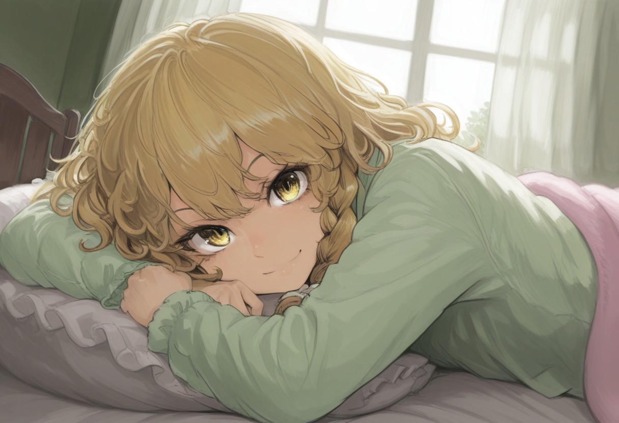 best quality, masterpiece,
upper body, looking at viewer, yellow eyes,
1boy, solo, kirisame marisa, otoko no ko,
smile, closed mouth, curly hair, pillow,
on stomach, head on arm, light, pajamas,