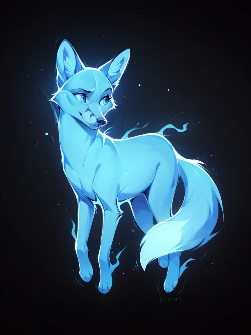 score_9, score_8_up, score_7_up, score_6_up, score_5_up, <lora:p4tr0nusXLP:1> p4tr0nus, no humans, glowing, black background, blue theme, fox, feral