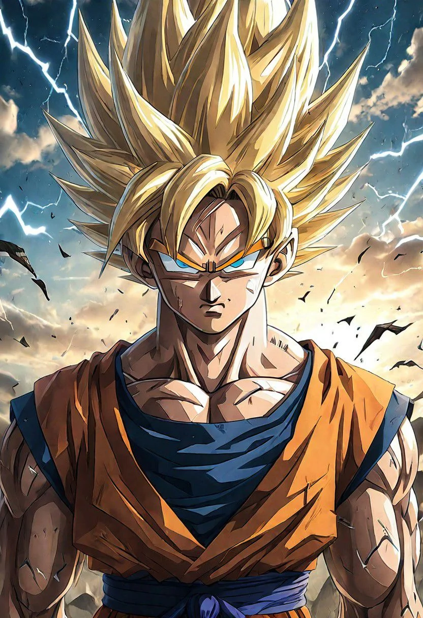 (Ultrarealist:1.5) (Son Goku Sayan:1.5) (SayanI:1.3),8k, ultradetailed background, beautiful photography, (soft fur:1.3), expressive eyes, sunset glow, (solo:1.0)Lightning bolts,Posture(ultradetailed eyes:1.5)