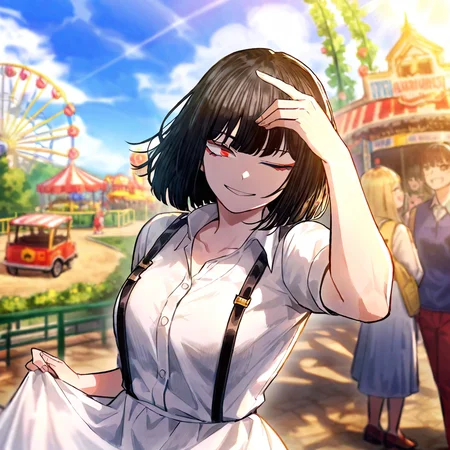 ryoshu \(project moon\),amusement_park,kind_smile,suspenders,long white dress,landscape,look at the camera,close one eye,smile,ð¤«,the sun is shining,full_shot,playful,<lora:LimbusCompany Style:1>,